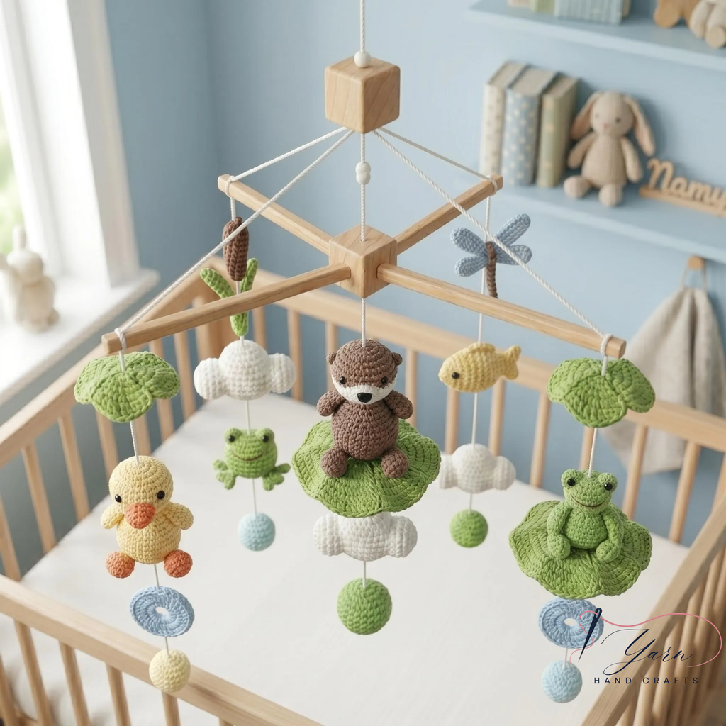 Handmade Baby Mobile, Crochet Woodland Pond Crib Mobile with Frog, Duck & Nature Theme, Nursery Decor, Custom Baby Gift