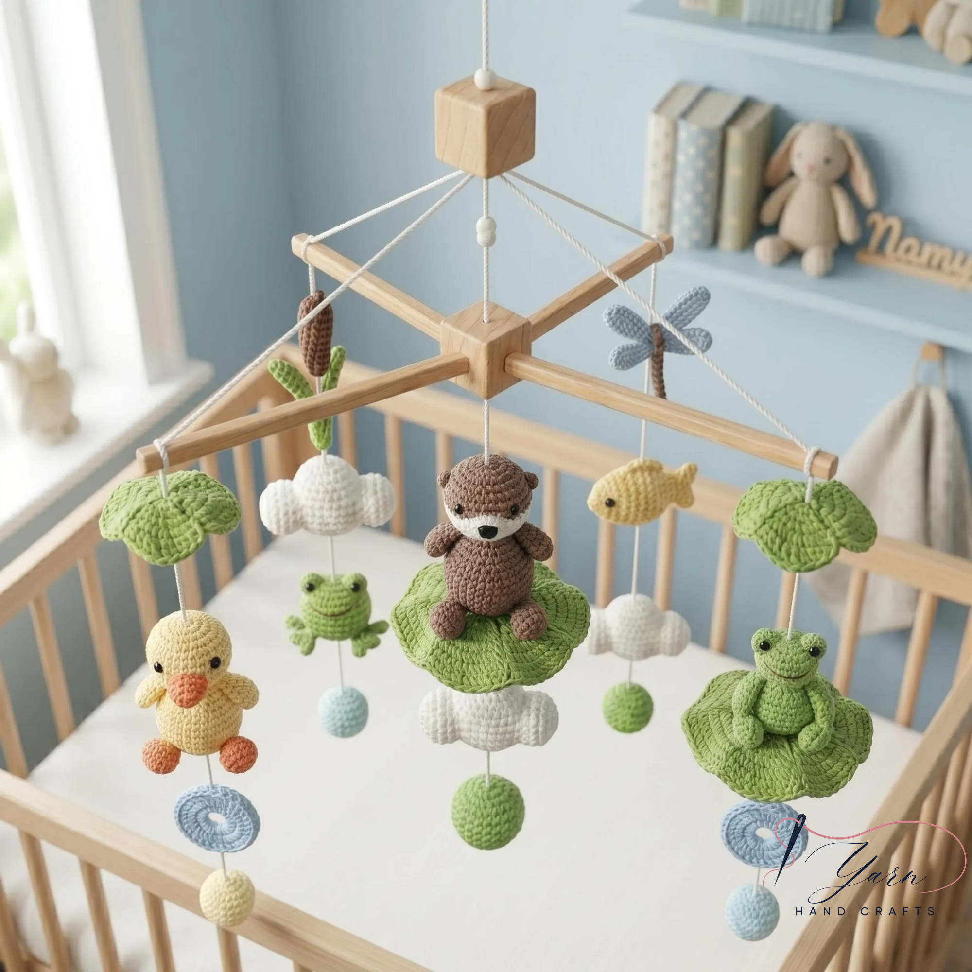 Handmade Baby Mobile, Crochet Woodland Pond Crib Mobile with Frog, Duck & Nature Theme, Nursery Decor, Custom Baby Gift