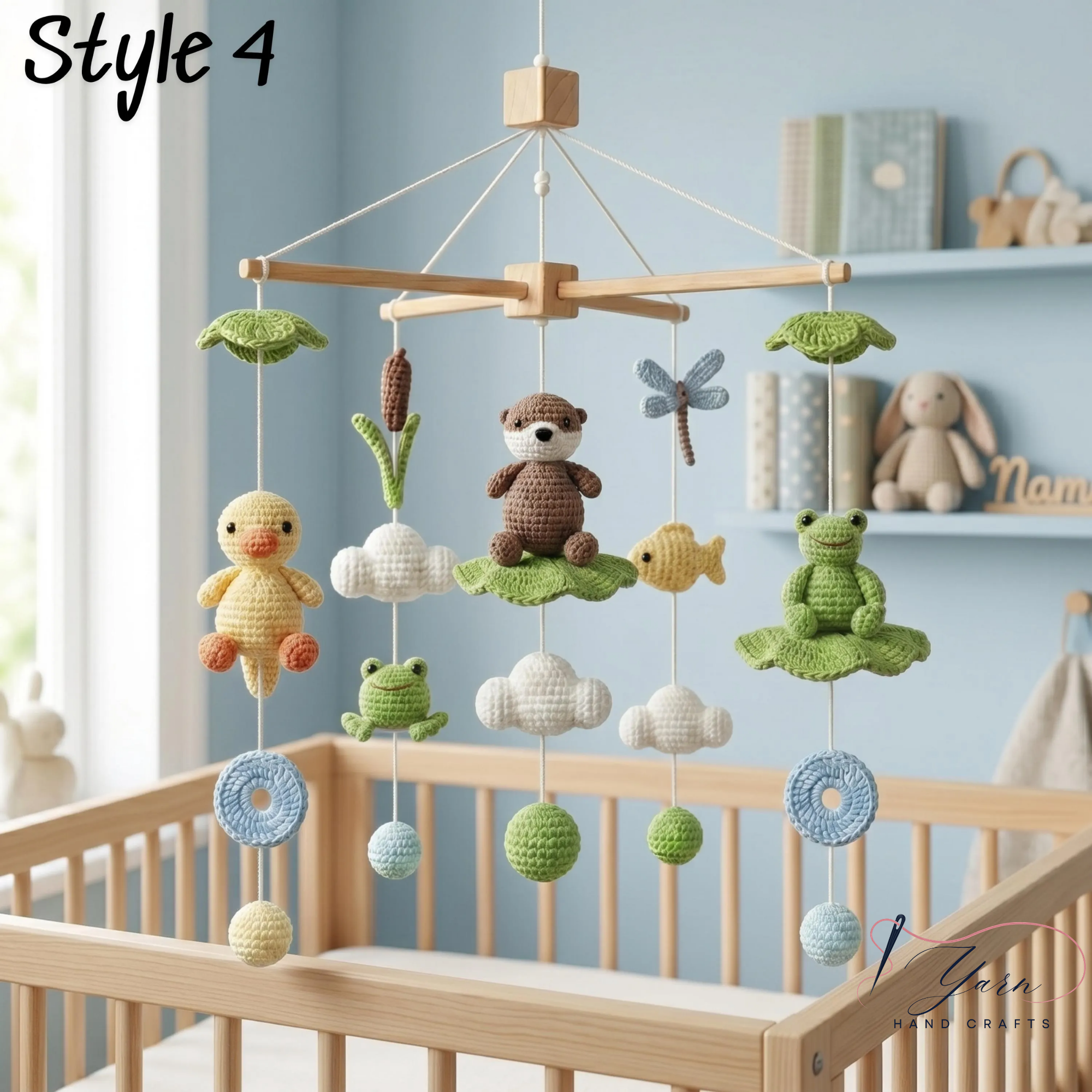 Handmade Baby Mobile, Crochet Woodland Pond Crib Mobile with Frog, Duck & Nature Theme, Nursery Decor, Custom Baby Gift