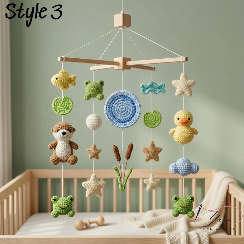 Handmade Baby Mobile, Crochet Woodland Pond Crib Mobile with Frog, Duck & Nature Theme, Nursery Decor, Custom Baby Gift