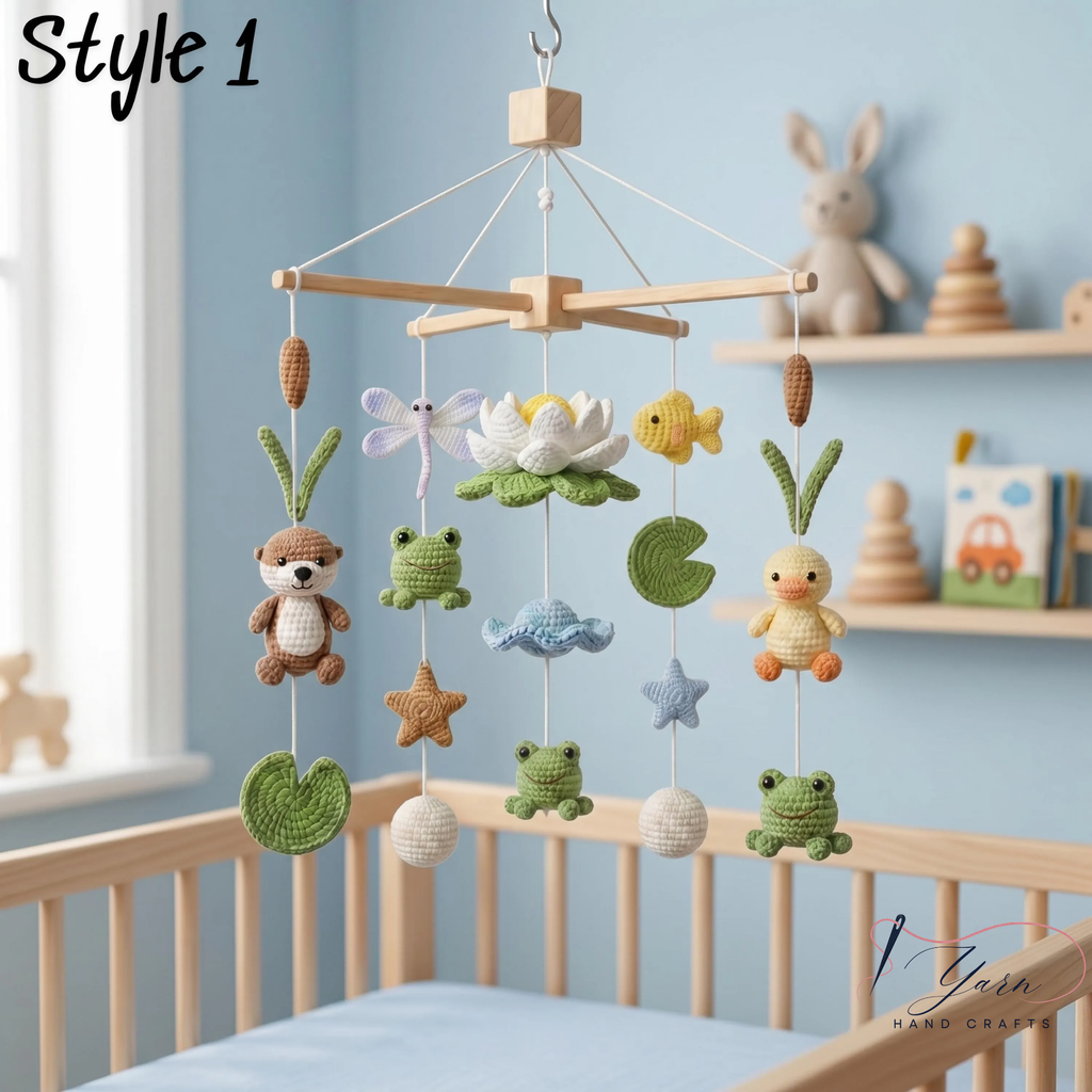 Handmade Baby Mobile, Crochet Woodland Pond Crib Mobile with Frog, Duck & Nature Theme, Nursery Decor, Custom Baby Gift