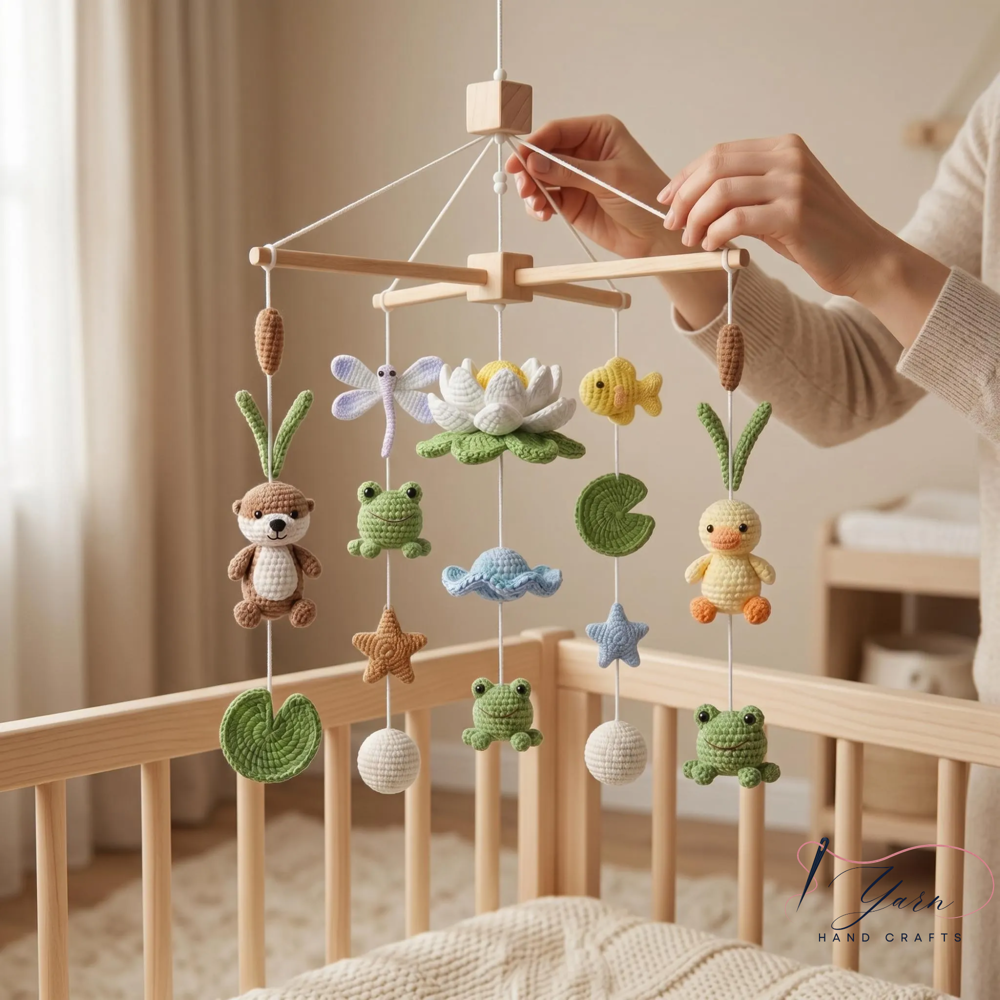 Handmade Baby Mobile, Crochet Woodland Pond Crib Mobile with Frog, Duck & Nature Theme, Nursery Decor, Custom Baby Gift