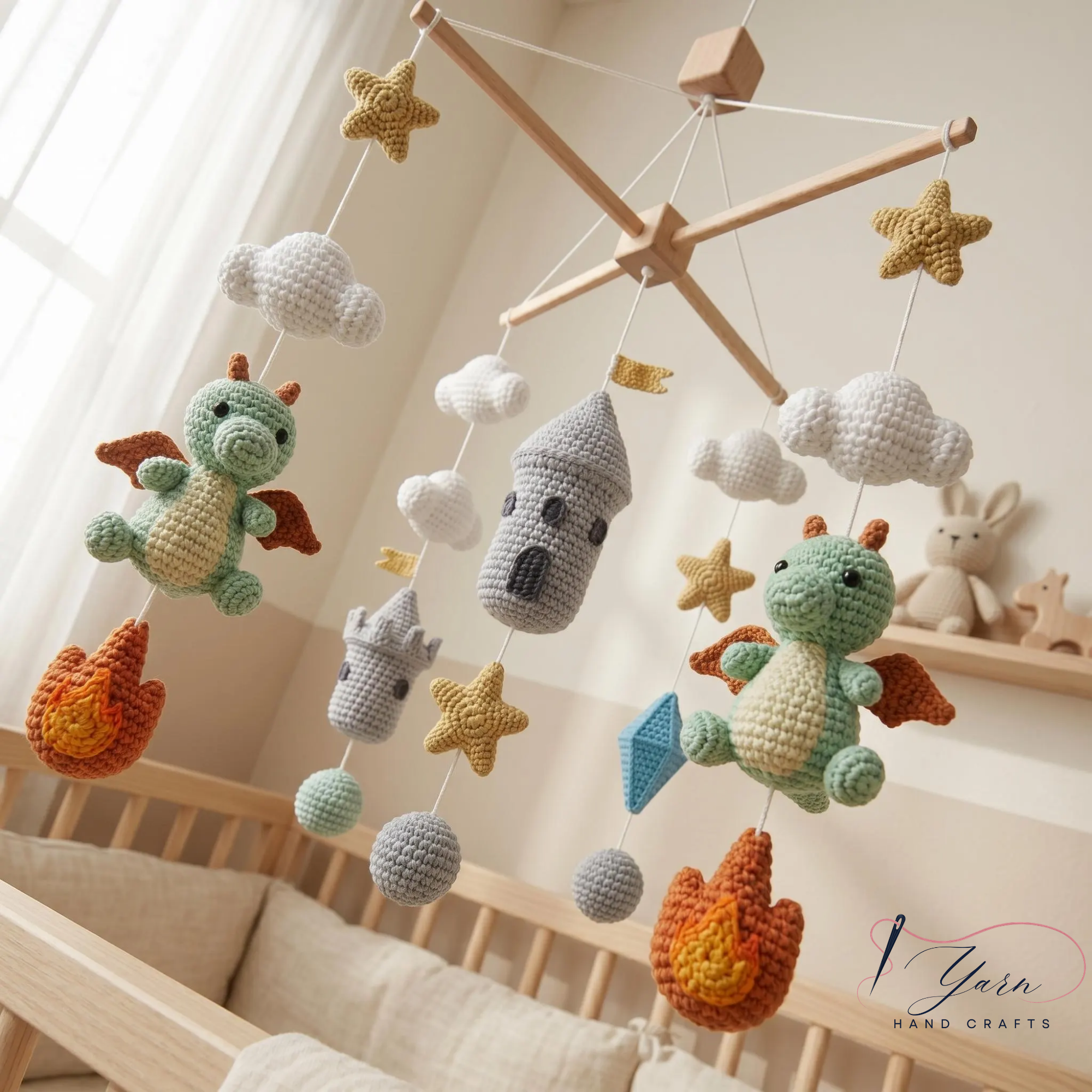 Handmade Dragon Baby Mobile, Crochet Castle Crib Mobile, Fantasy Nursery Decor with Dragons, Stars & Clouds, Baby Shower Gift