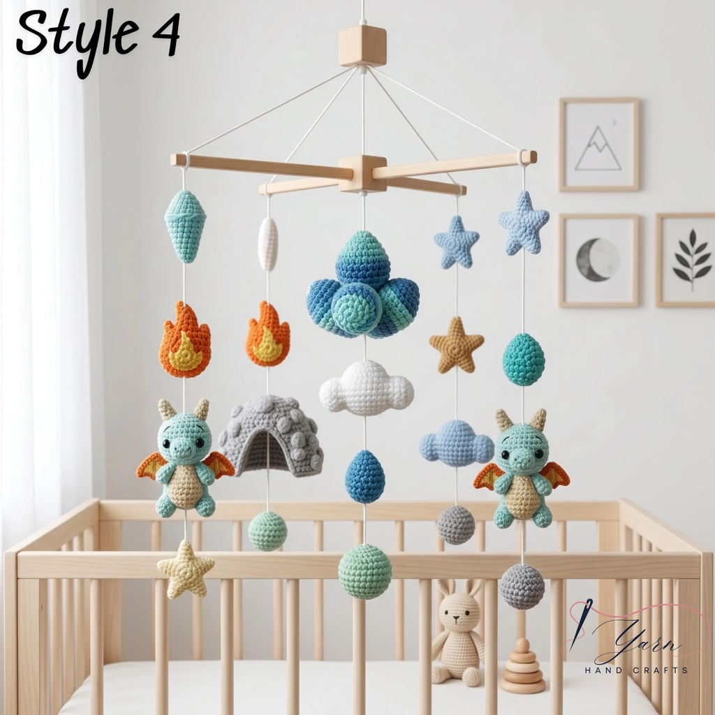 Handmade Dragon Baby Mobile, Crochet Castle Crib Mobile, Fantasy Nursery Decor with Dragons, Stars & Clouds, Baby Shower Gift
