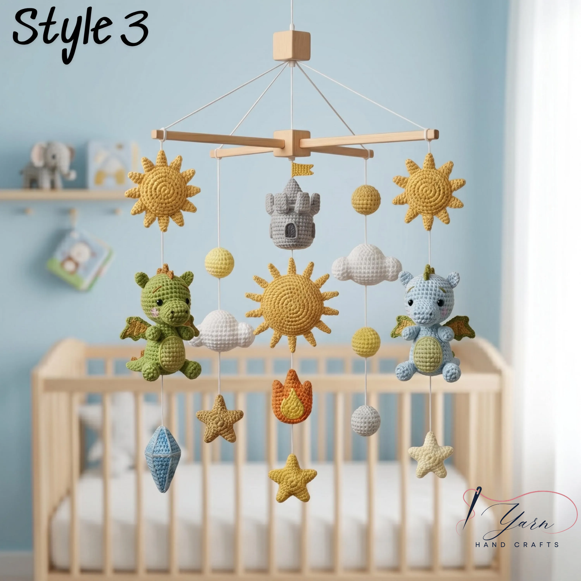Handmade Dragon Baby Mobile, Crochet Castle Crib Mobile, Fantasy Nursery Decor with Dragons, Stars & Clouds, Baby Shower Gift