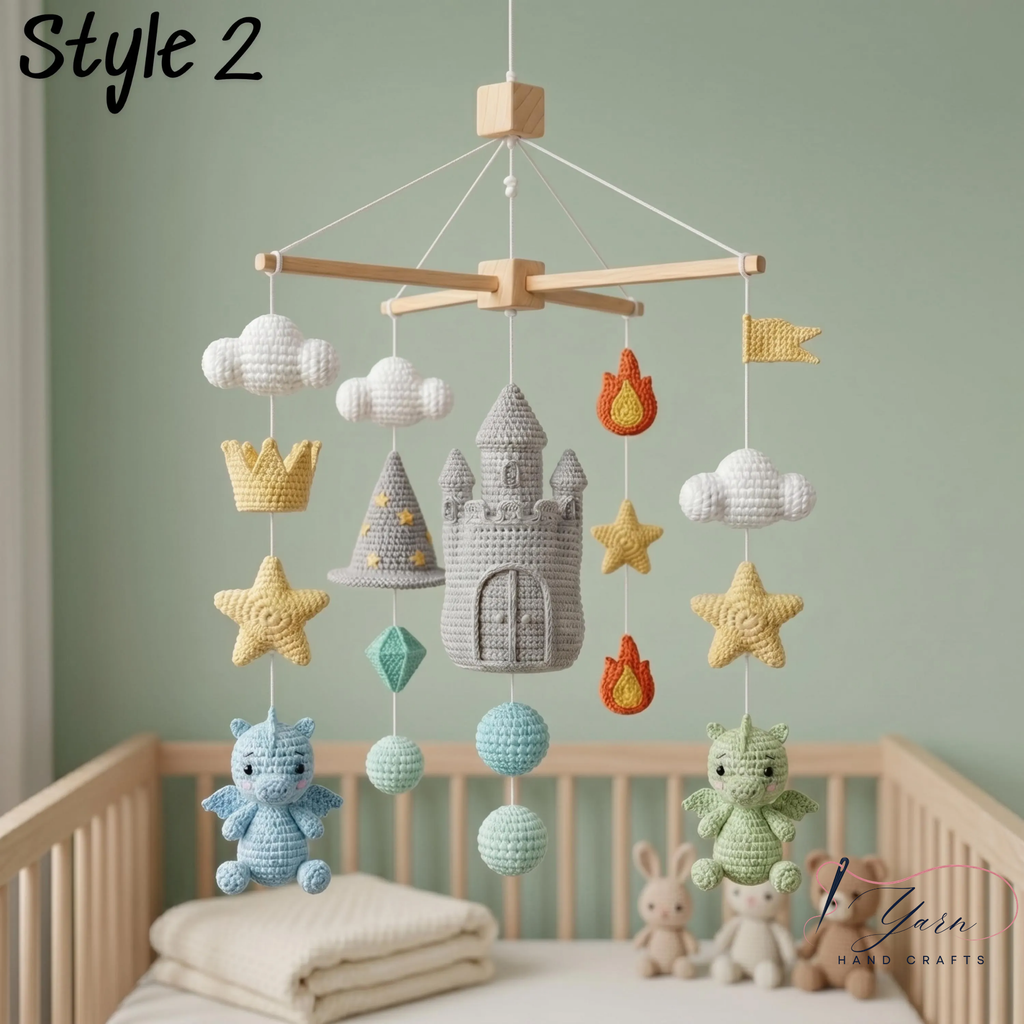 Handmade Dragon Baby Mobile, Crochet Castle Crib Mobile, Fantasy Nursery Decor with Dragons, Stars & Clouds, Baby Shower Gift
