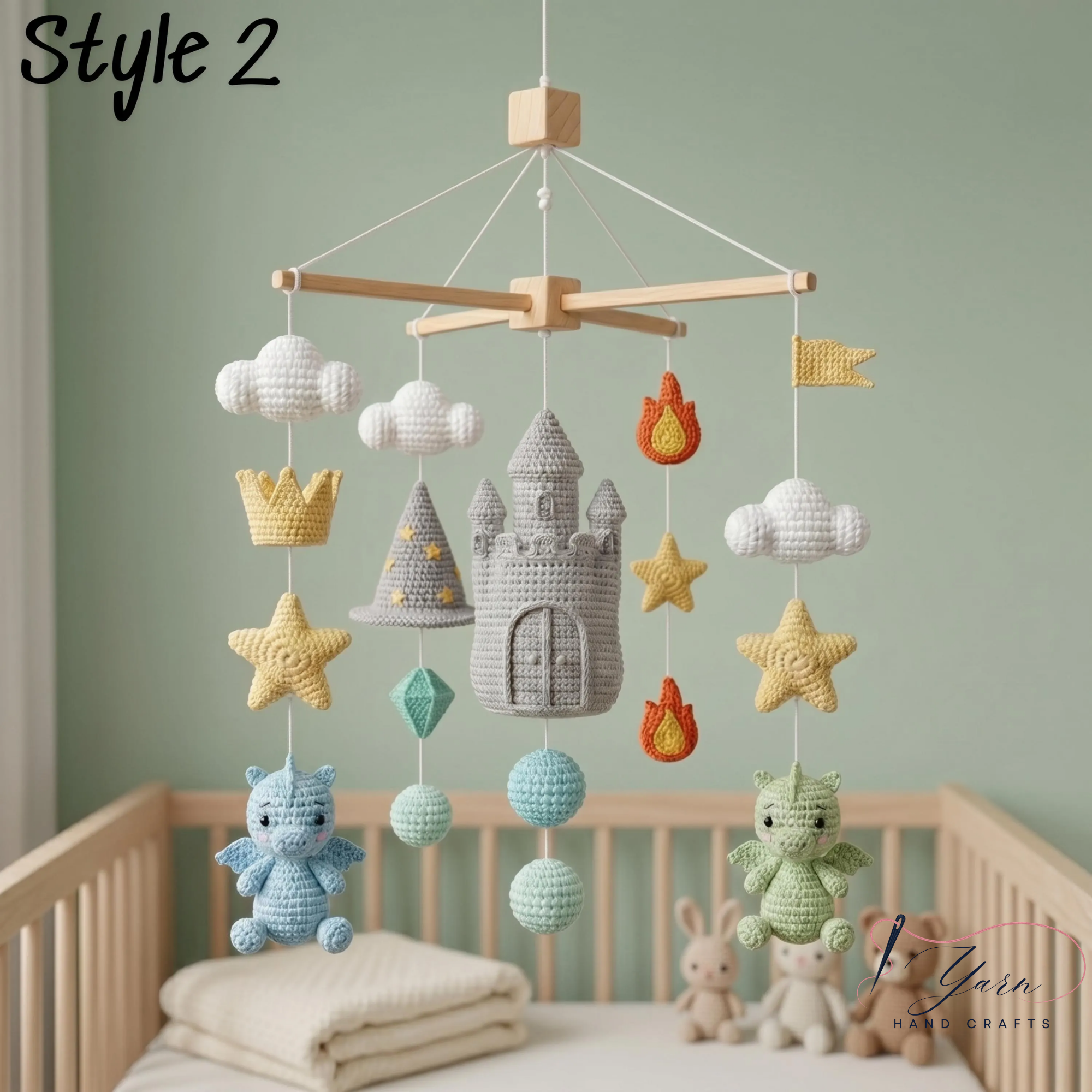 Handmade Dragon Baby Mobile, Crochet Castle Crib Mobile, Fantasy Nursery Decor with Dragons, Stars & Clouds, Baby Shower Gift
