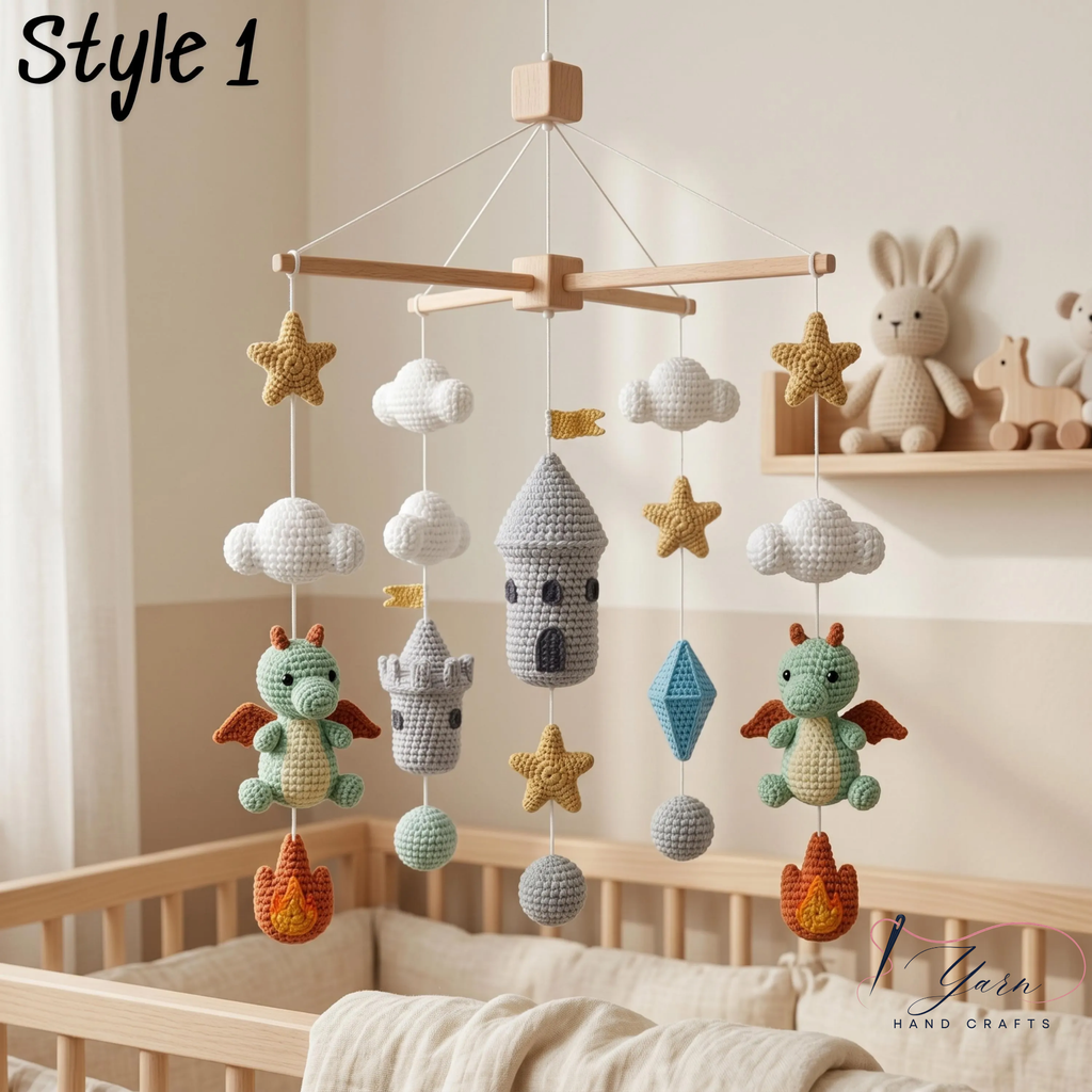 Handmade Dragon Baby Mobile, Crochet Castle Crib Mobile, Fantasy Nursery Decor with Dragons, Stars & Clouds, Baby Shower Gift