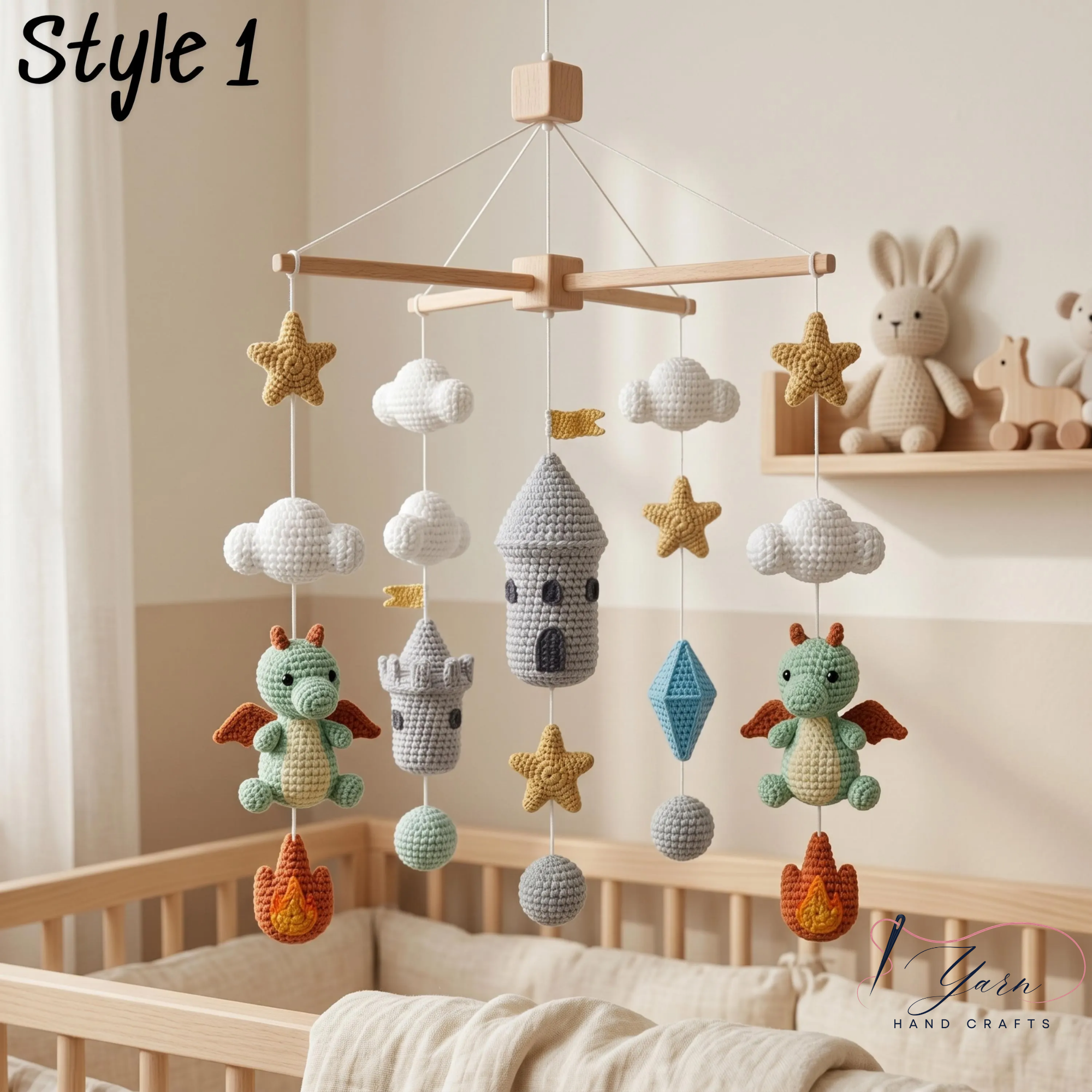 Handmade Dragon Baby Mobile, Crochet Castle Crib Mobile, Fantasy Nursery Decor with Dragons, Stars & Clouds, Baby Shower Gift