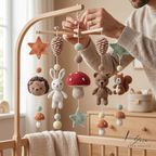 Handmade Woodland Baby Mobile, Crochet Forest Crib Mobile with Hedgehog, Bunny & Bear, Mushroom Nursery Decor, Nature Baby Gift