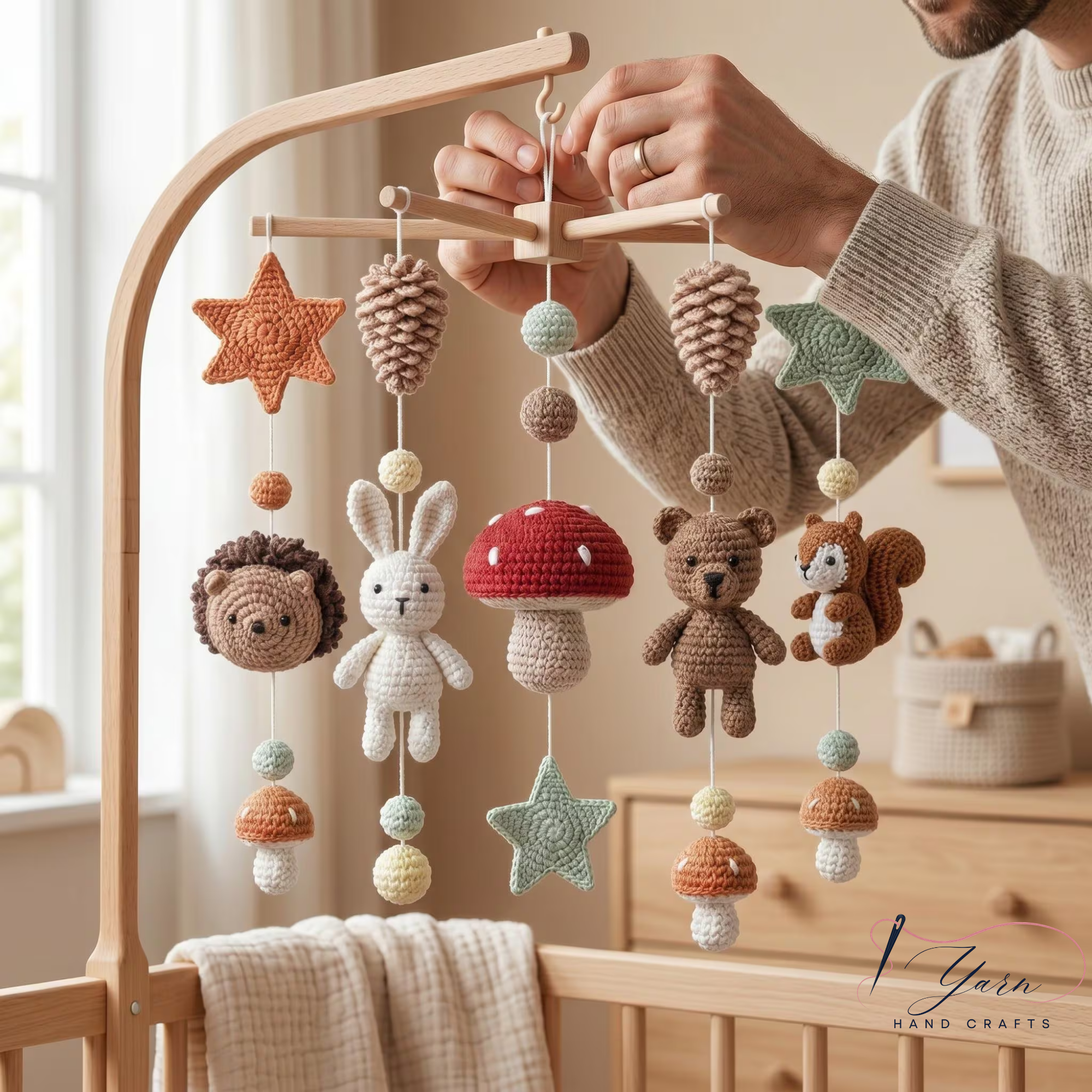 Handmade Woodland Baby Mobile, Crochet Forest Crib Mobile with Hedgehog, Bunny & Bear, Mushroom Nursery Decor, Nature Baby Gift