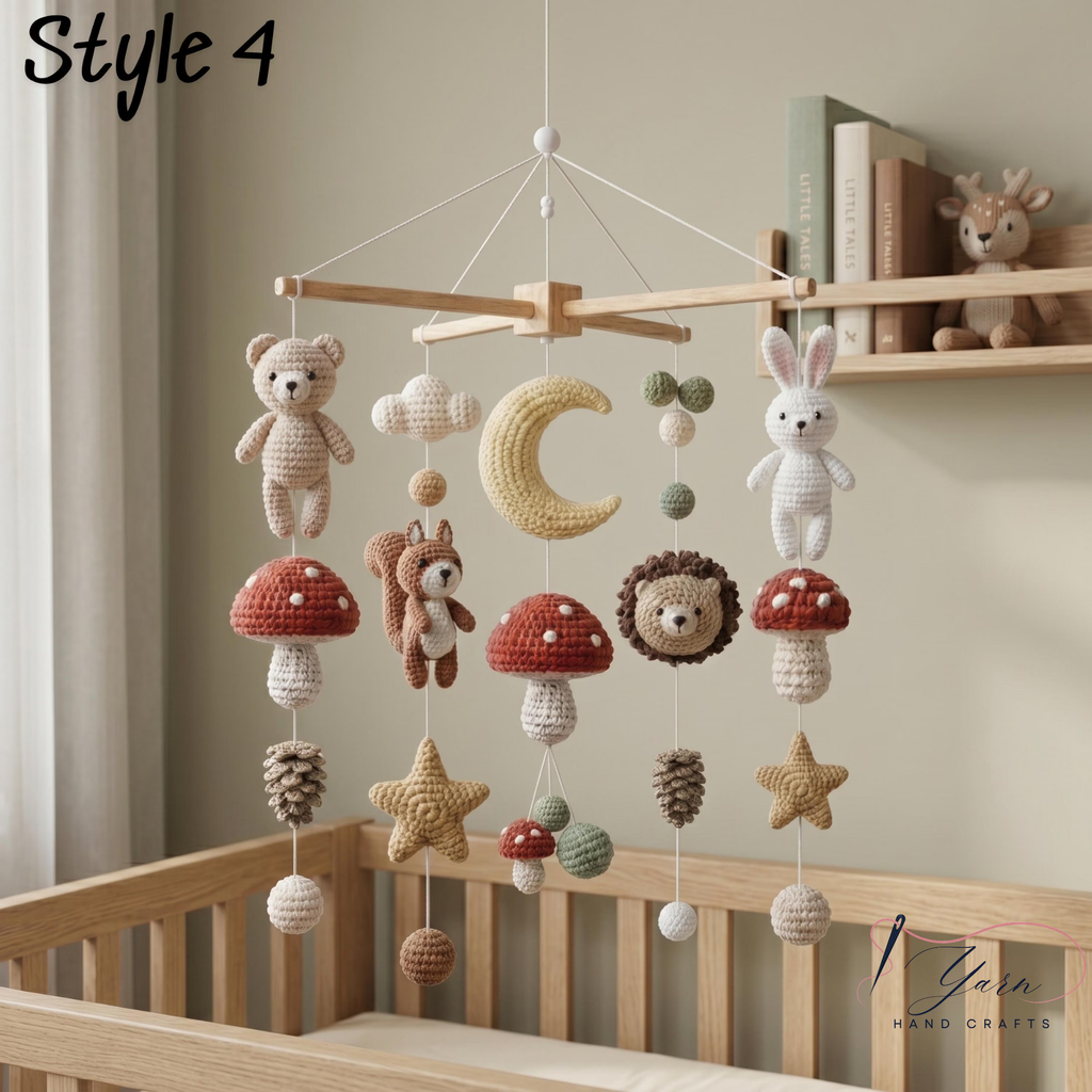 Handmade Woodland Baby Mobile, Crochet Forest Crib Mobile with Hedgehog, Bunny & Bear, Mushroom Nursery Decor, Nature Baby Gift
