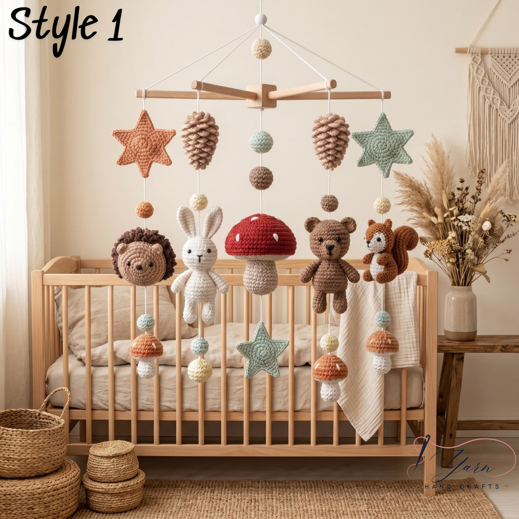 Handmade Woodland Baby Mobile, Crochet Forest Crib Mobile with Hedgehog, Bunny & Bear, Mushroom Nursery Decor, Nature Baby Gift