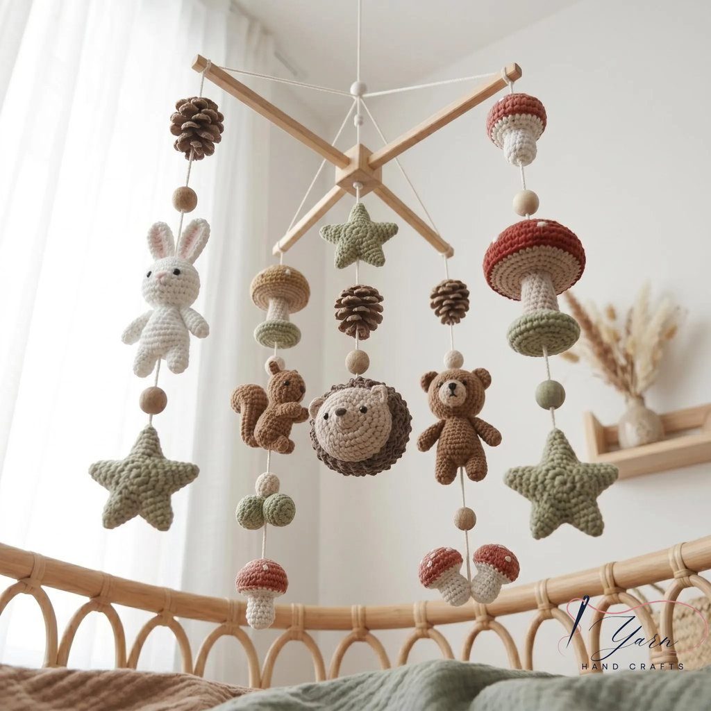 Handmade Woodland Baby Mobile, Crochet Forest Crib Mobile with Hedgehog, Bunny & Bear, Mushroom Nursery Decor, Nature Baby Gift