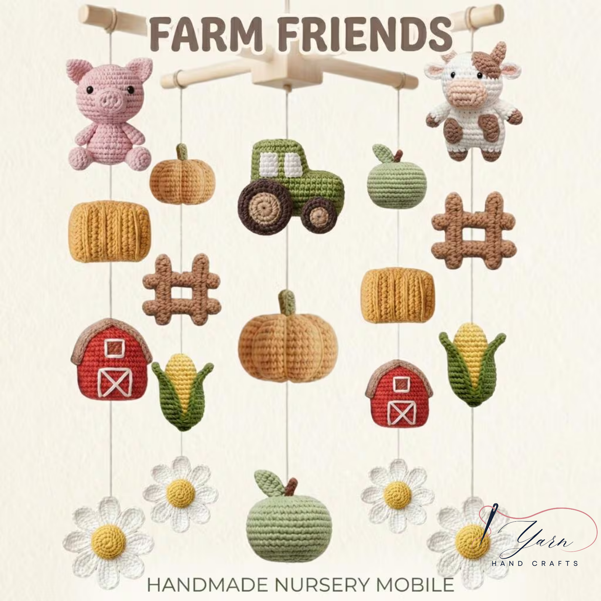 Handmade Farm Friends Baby Mobile, Crochet Farm Crib Mobile with Cow, Pig & Tractor, Farm Nursery Decor, Barn Animal Baby Gift