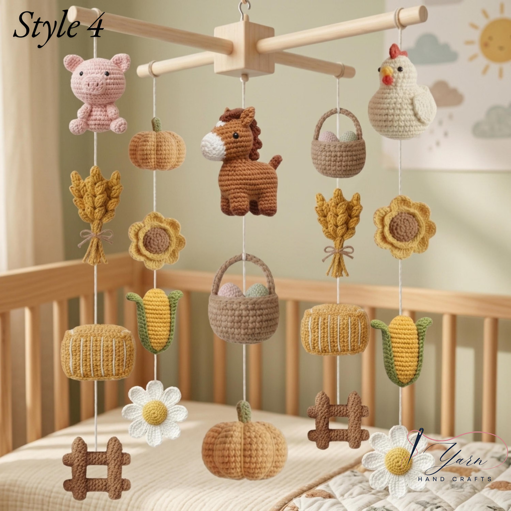 Handmade Farm Friends Baby Mobile, Crochet Farm Crib Mobile with Cow, Pig & Tractor, Farm Nursery Decor, Barn Animal Baby Gift