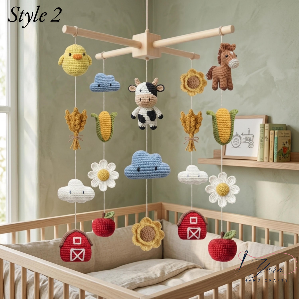 Handmade Farm Friends Baby Mobile, Crochet Farm Crib Mobile with Cow, Pig & Tractor, Farm Nursery Decor, Barn Animal Baby Gift