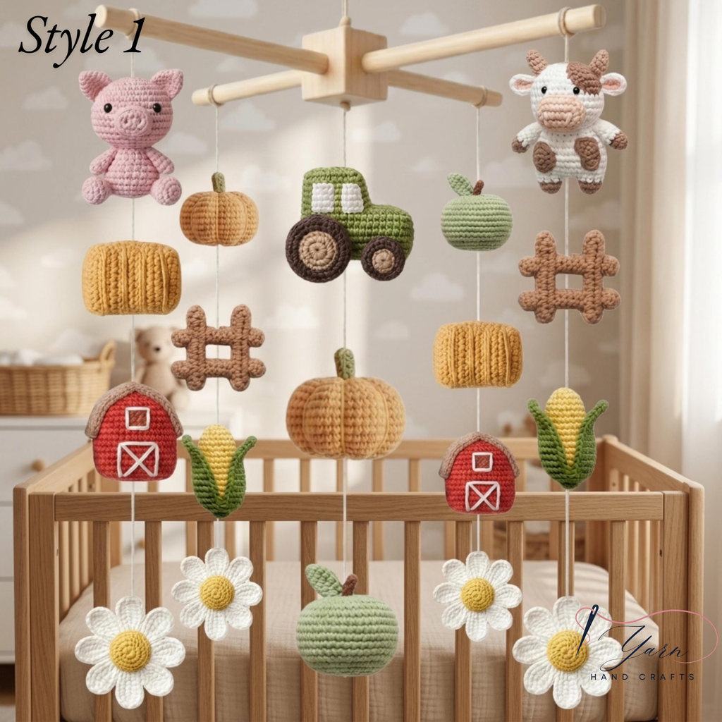 Handmade Farm Friends Baby Mobile, Crochet Farm Crib Mobile with Cow, Pig & Tractor, Farm Nursery Decor, Barn Animal Baby Gift