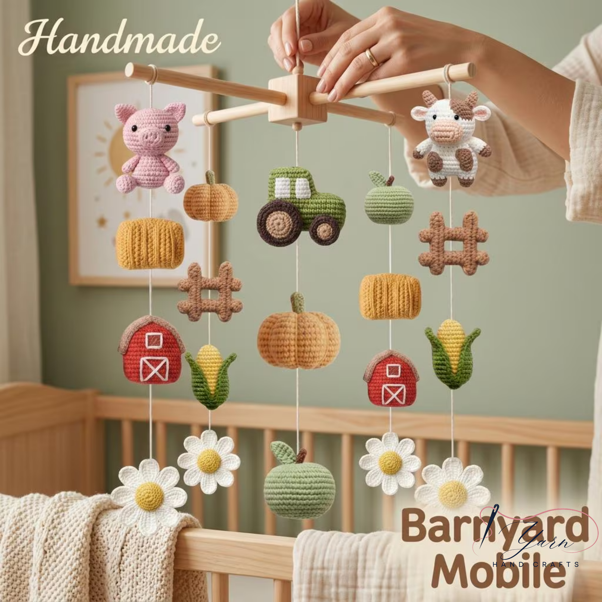 Handmade Farm Friends Baby Mobile, Crochet Farm Crib Mobile with Cow, Pig & Tractor, Farm Nursery Decor, Barn Animal Baby Gift