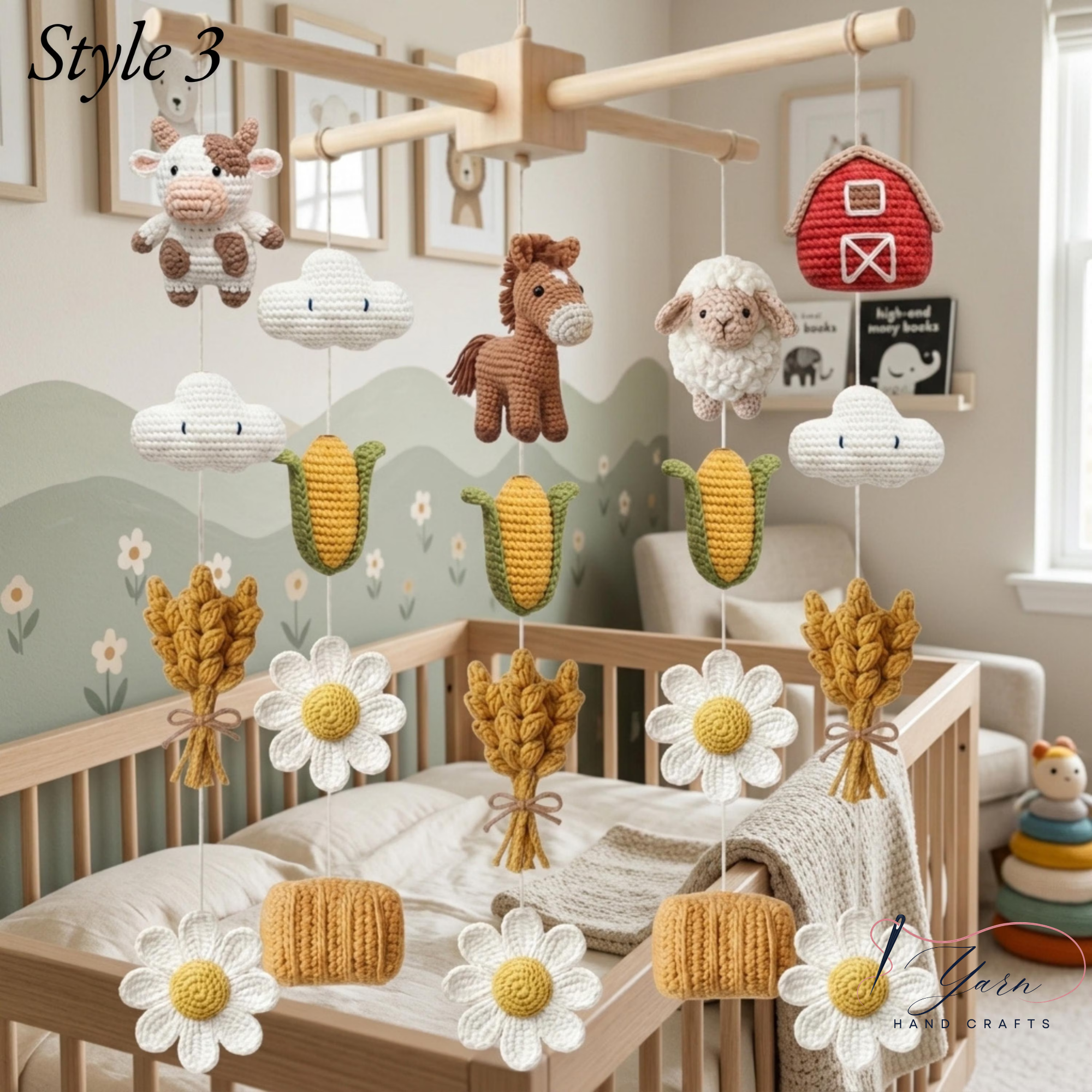 Handmade Farm Baby Mobile, Crochet Farm Animal Crib Mobile with Cow, Horse & Chicken, Farm Nursery Decor, Rustic Baby Shower Gift