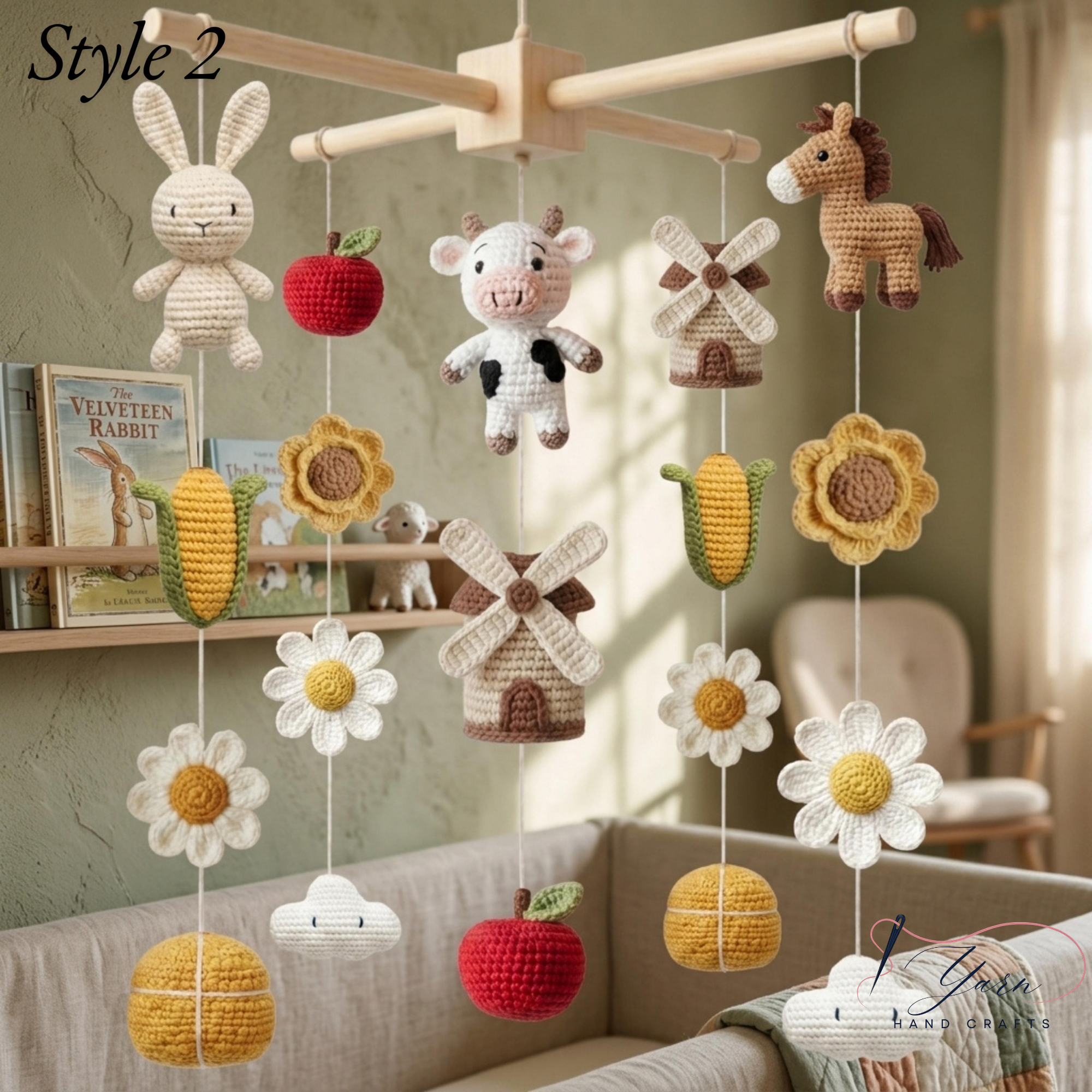 Handmade Farm Baby Mobile, Crochet Farm Animal Crib Mobile with Cow, Horse & Chicken, Farm Nursery Decor, Rustic Baby Shower Gift
