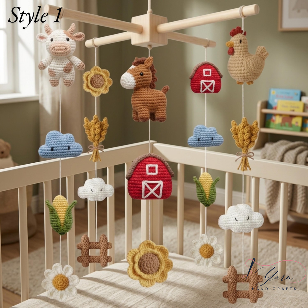Handmade Farm Baby Mobile, Crochet Farm Animal Crib Mobile with Cow, Horse & Chicken, Farm Nursery Decor, Rustic Baby Shower Gift
