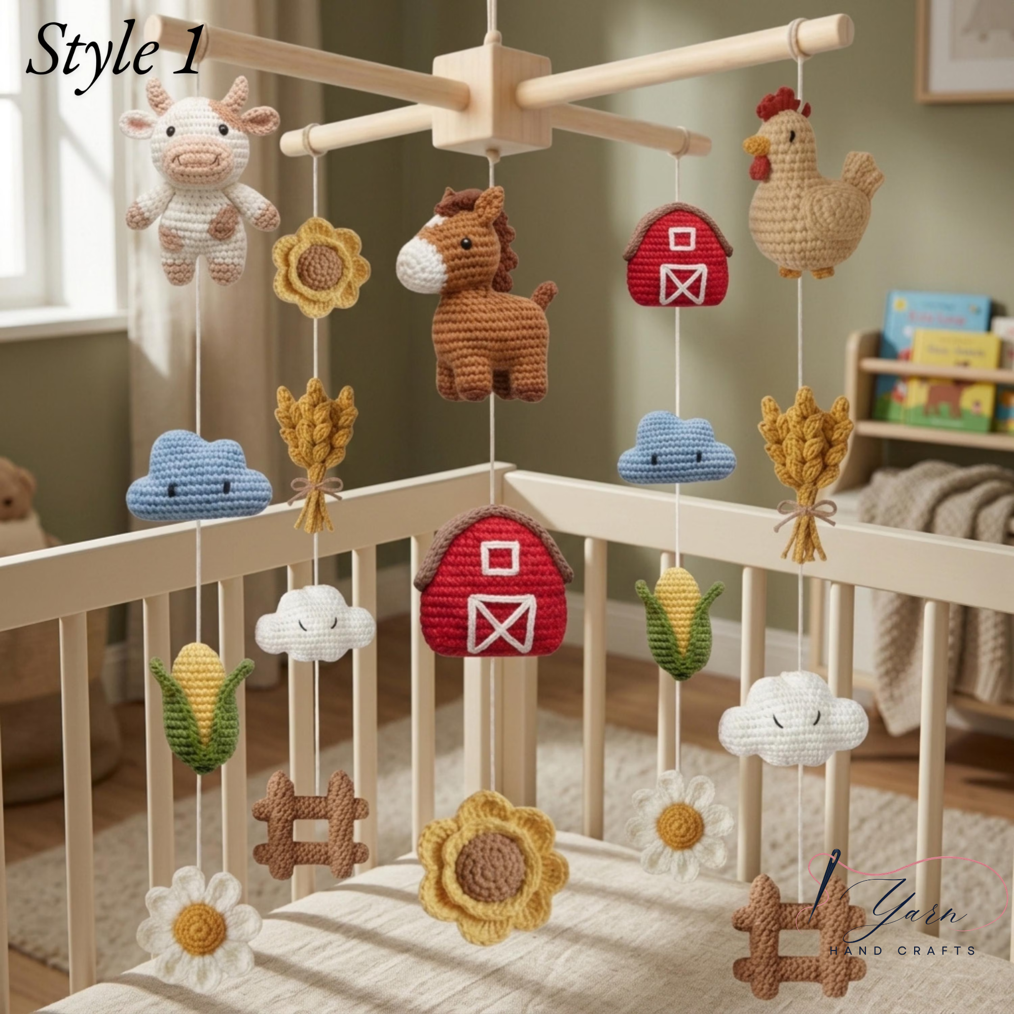 Handmade Farm Baby Mobile, Crochet Farm Animal Crib Mobile with Cow, Horse & Chicken, Farm Nursery Decor, Rustic Baby Shower Gift