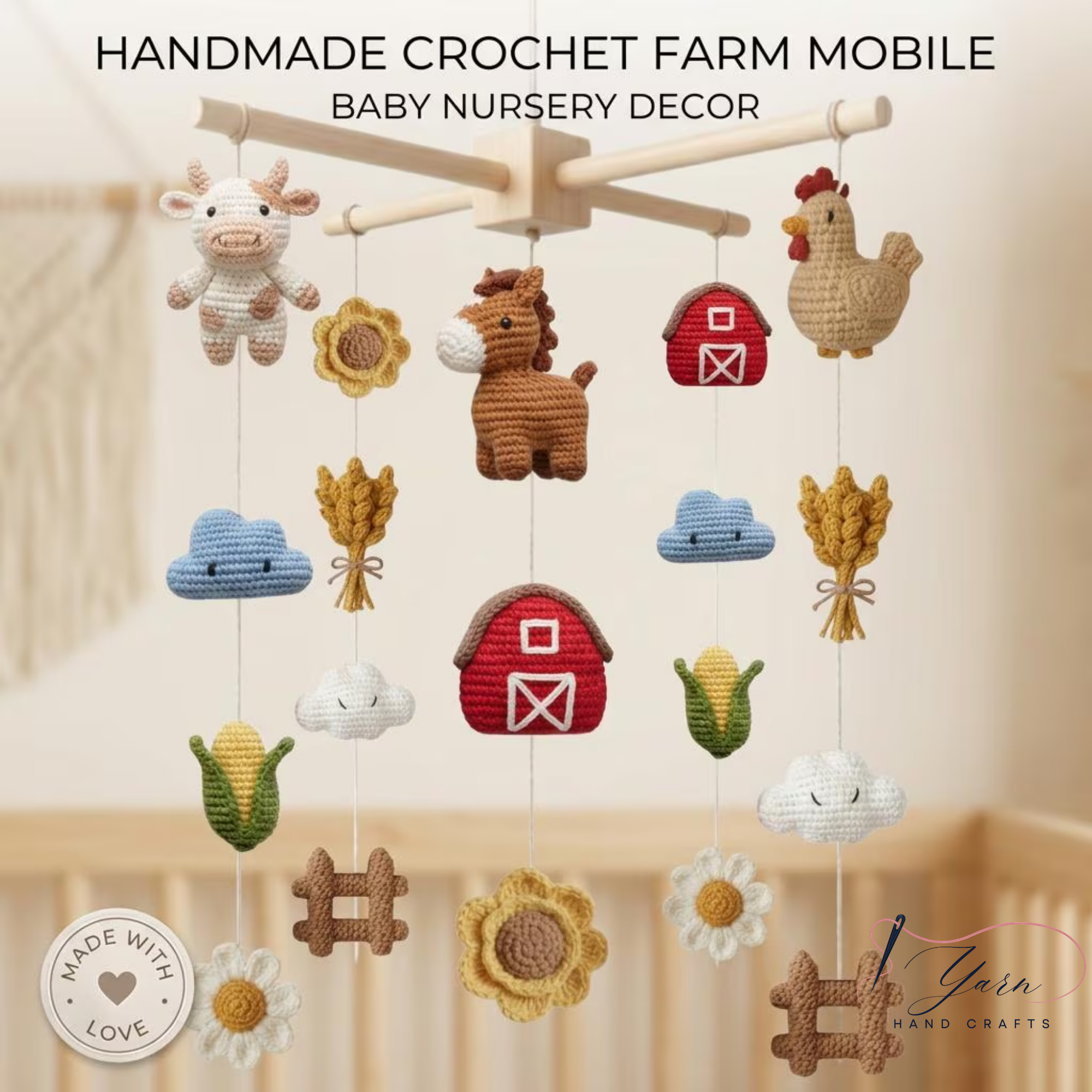 Handmade Farm Baby Mobile, Crochet Farm Animal Crib Mobile with Cow, Horse & Chicken, Farm Nursery Decor, Rustic Baby Shower Gift