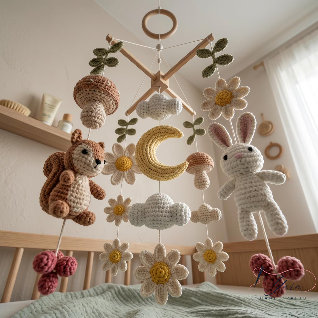 Handmade Woodland Baby Mobile, Crochet Squirrel Bunny Crib Mobile, Daisy Flower Nursery Decor, Forest Baby Gift, Neutral Nursery Decoration
