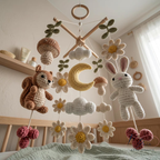 Handmade Woodland Baby Mobile, Crochet Squirrel Bunny Crib Mobile, Daisy Flower Nursery Decor, Forest Baby Gift, Neutral Nursery Decoration
