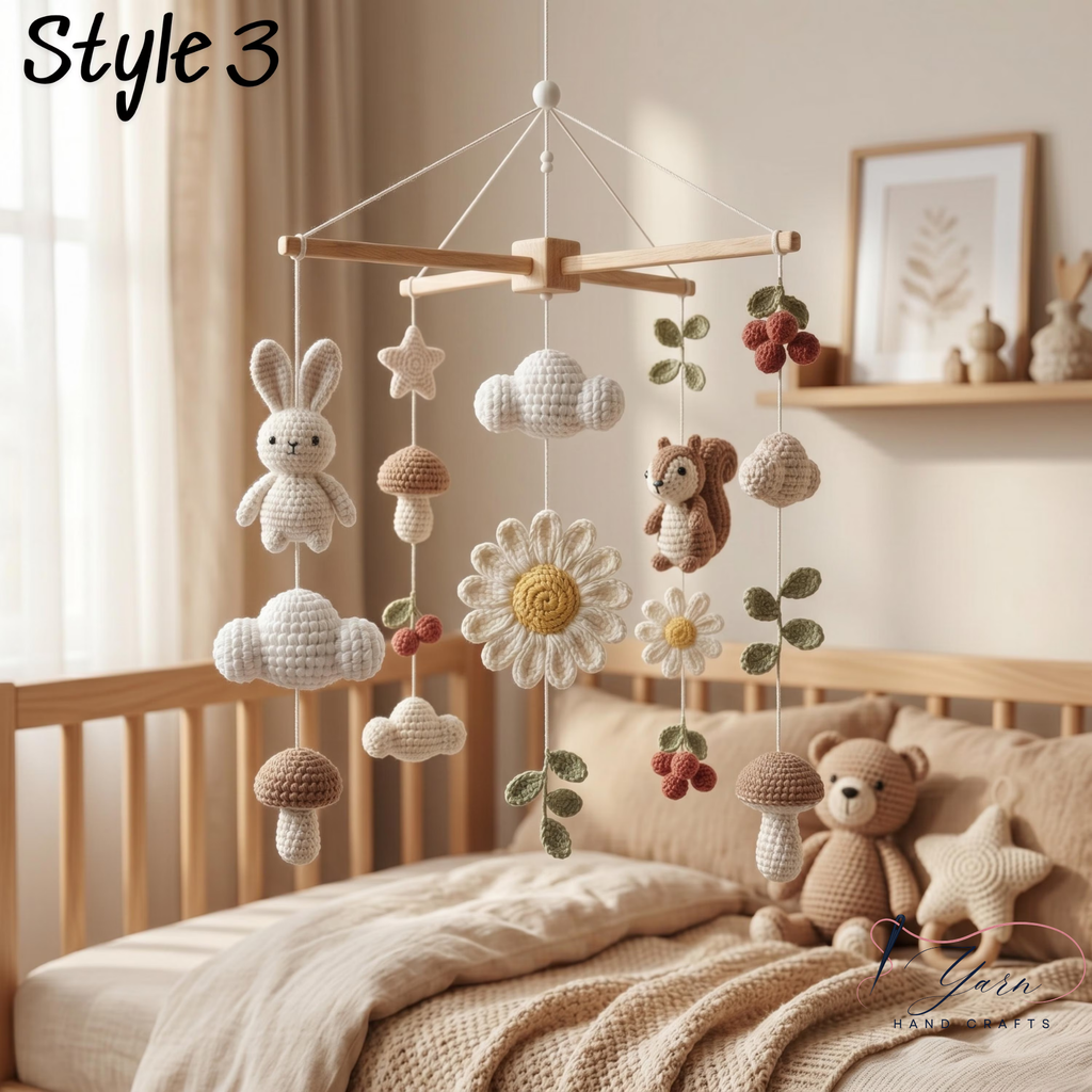 Handmade Woodland Baby Mobile, Crochet Squirrel Bunny Crib Mobile, Daisy Flower Nursery Decor, Forest Baby Gift, Neutral Nursery Decoration