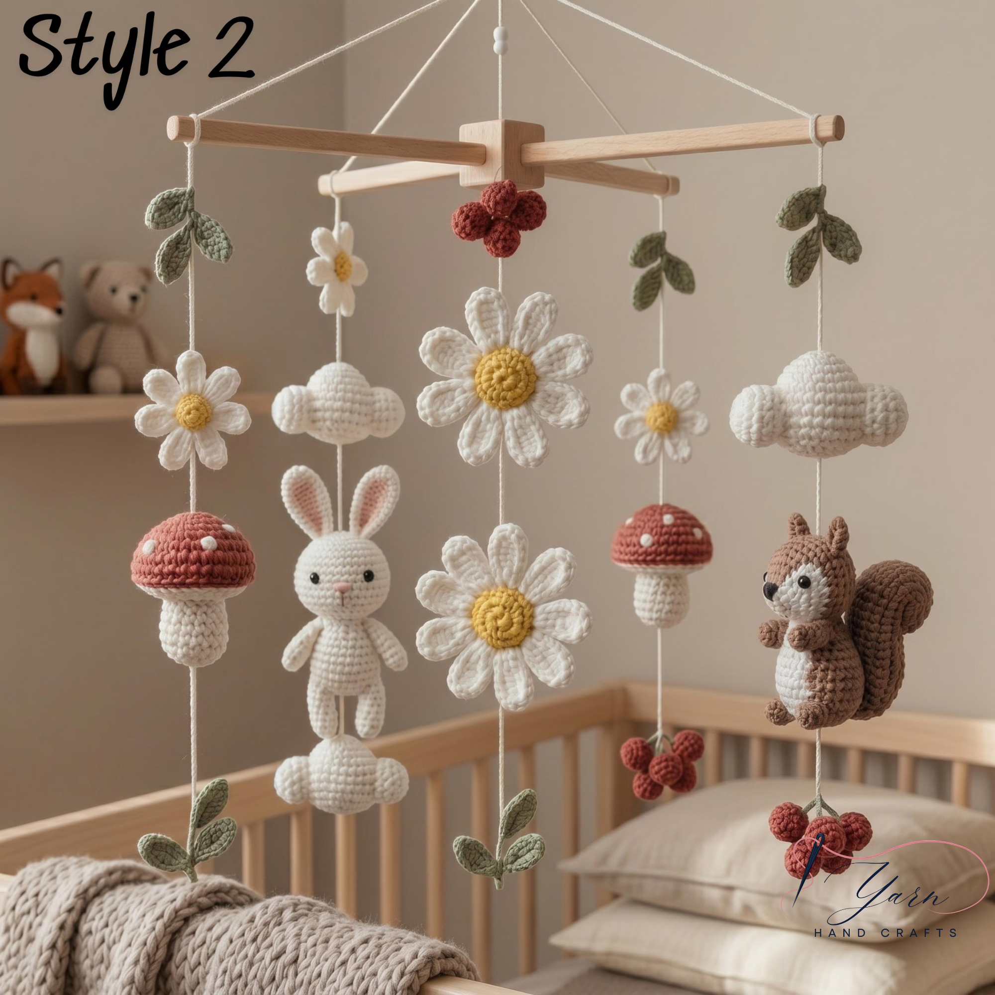 Handmade Woodland Baby Mobile, Crochet Squirrel Bunny Crib Mobile, Daisy Flower Nursery Decor, Forest Baby Gift, Neutral Nursery Decoration