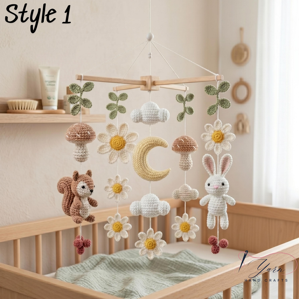 Handmade Woodland Baby Mobile, Crochet Squirrel Bunny Crib Mobile, Daisy Flower Nursery Decor, Forest Baby Gift, Neutral Nursery Decoration