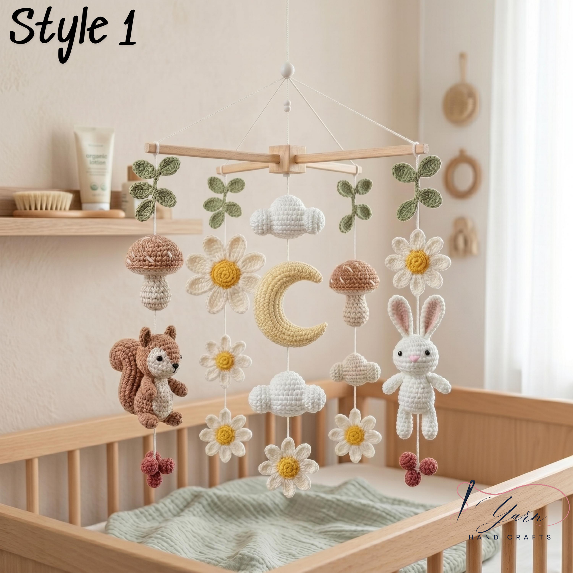 Handmade Woodland Baby Mobile, Crochet Squirrel Bunny Crib Mobile, Daisy Flower Nursery Decor, Forest Baby Gift, Neutral Nursery Decoration