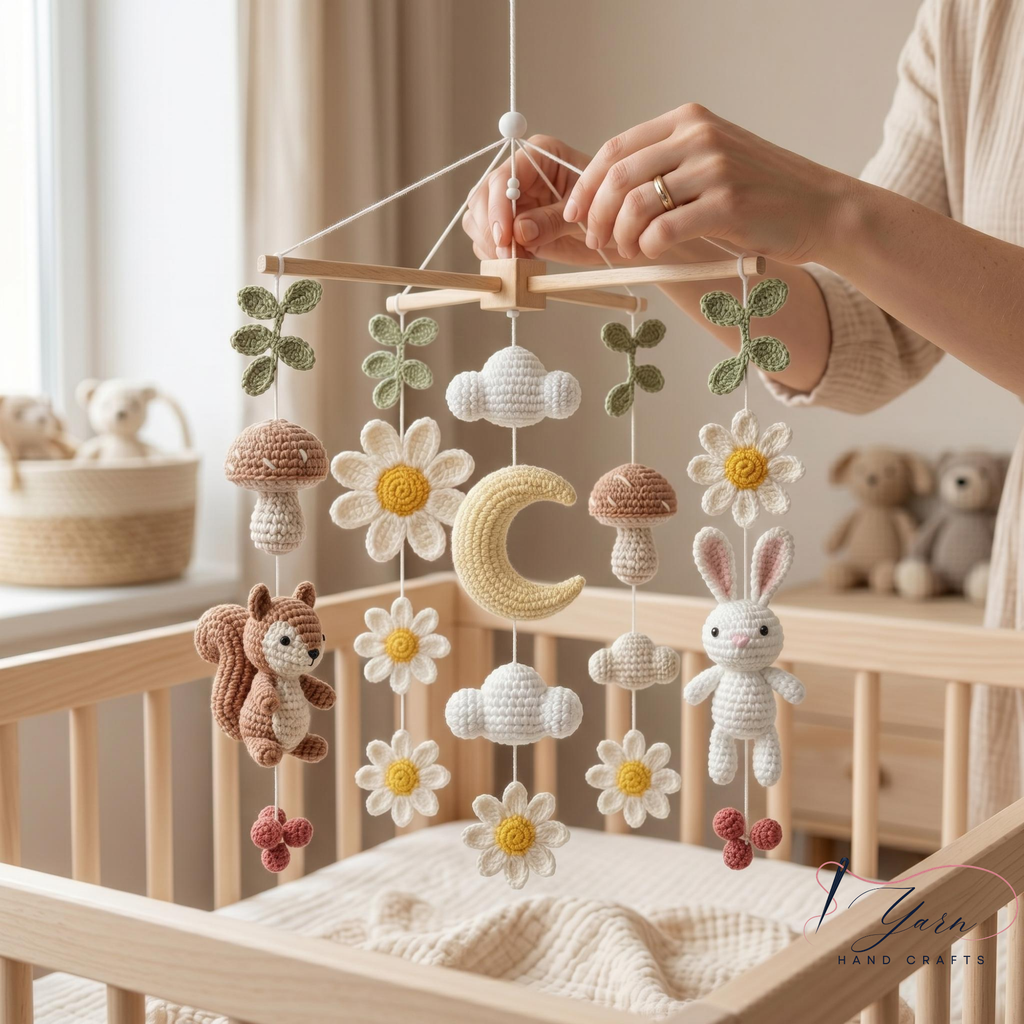 Handmade Woodland Baby Mobile, Crochet Squirrel Bunny Crib Mobile, Daisy Flower Nursery Decor, Forest Baby Gift, Neutral Nursery Decoration
