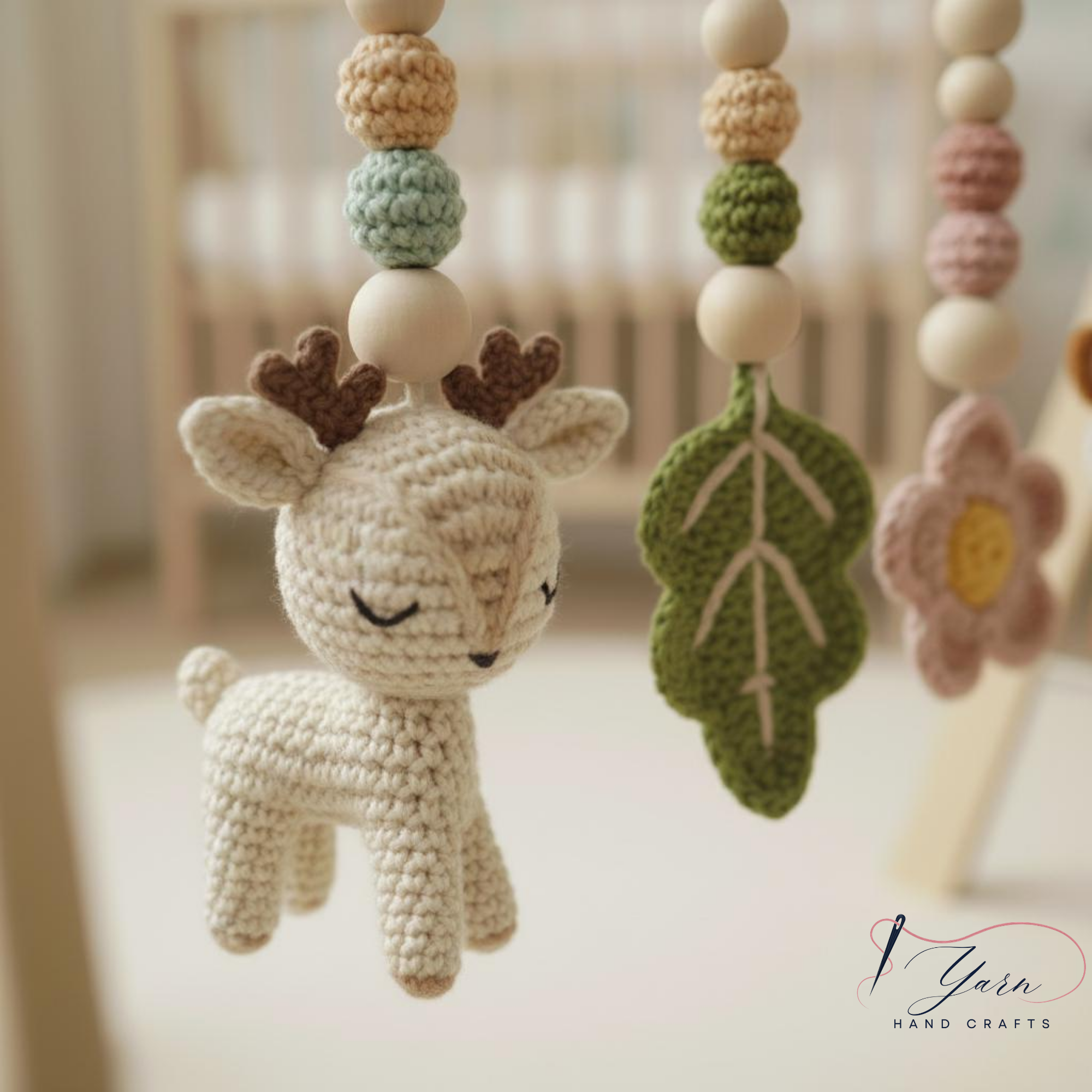 Handmade Crochet Baby Gym Mobile, Woodland Nursery Decor, Deer & Forest Animals Crib Mobile, Montessori Baby Toy, Newborn Baby Shower Gift