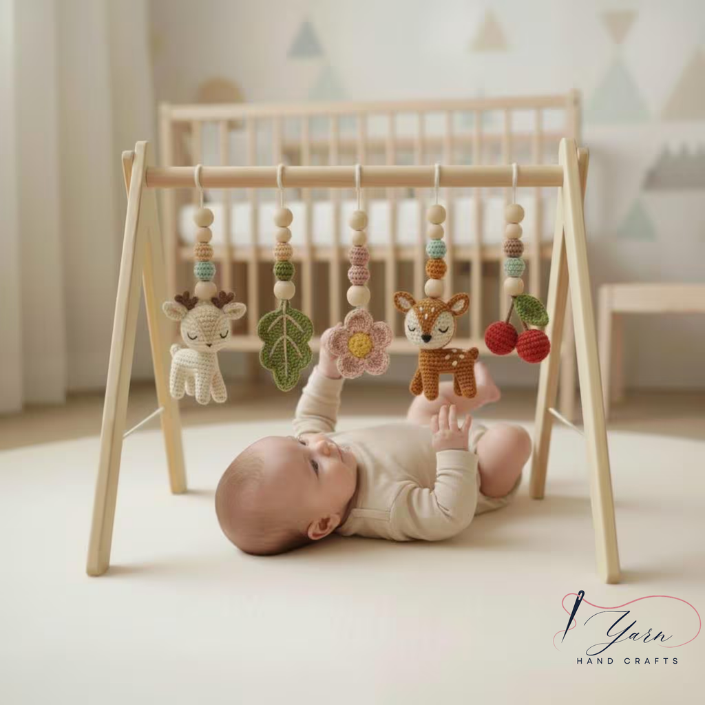 Handmade Crochet Baby Gym Mobile, Woodland Nursery Decor, Deer & Forest Animals Crib Mobile, Montessori Baby Toy, Newborn Baby Shower Gift