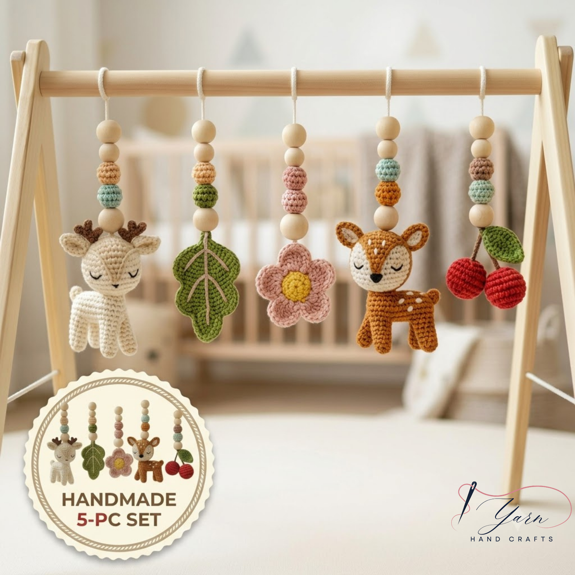 Handmade Crochet Baby Gym Mobile, Woodland Nursery Decor, Deer & Forest Animals Crib Mobile, Montessori Baby Toy, Newborn Baby Shower Gift