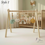 Crochet Baby Play Gym Wooden Montessori Activity Gym, Neutral Nursery Decor, Handmade Amigurumi Animals, Baby Shower Gift, Newborn Gift