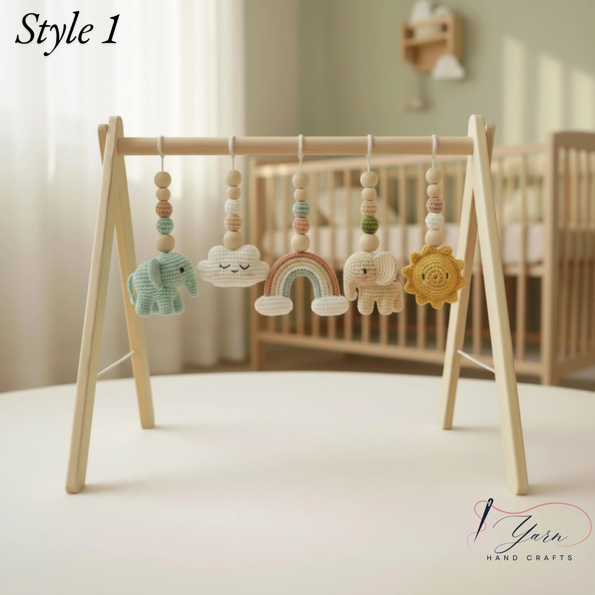Crochet Baby Play Gym Wooden Montessori Activity Gym, Neutral Nursery Decor, Handmade Amigurumi Animals, Baby Shower Gift, Newborn Gift