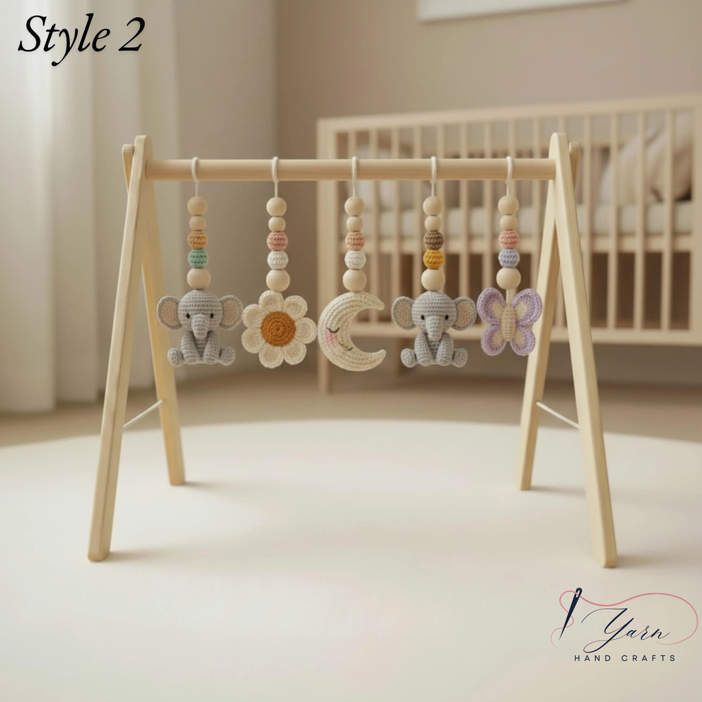 Crochet Baby Play Gym Wooden Montessori Activity Gym, Neutral Nursery Decor, Handmade Amigurumi Animals, Baby Shower Gift, Newborn Gift