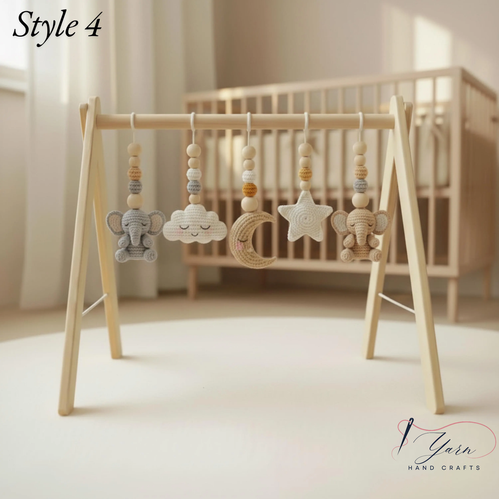 Crochet Baby Play Gym Wooden Montessori Activity Gym, Neutral Nursery Decor, Handmade Amigurumi Animals, Baby Shower Gift, Newborn Gift