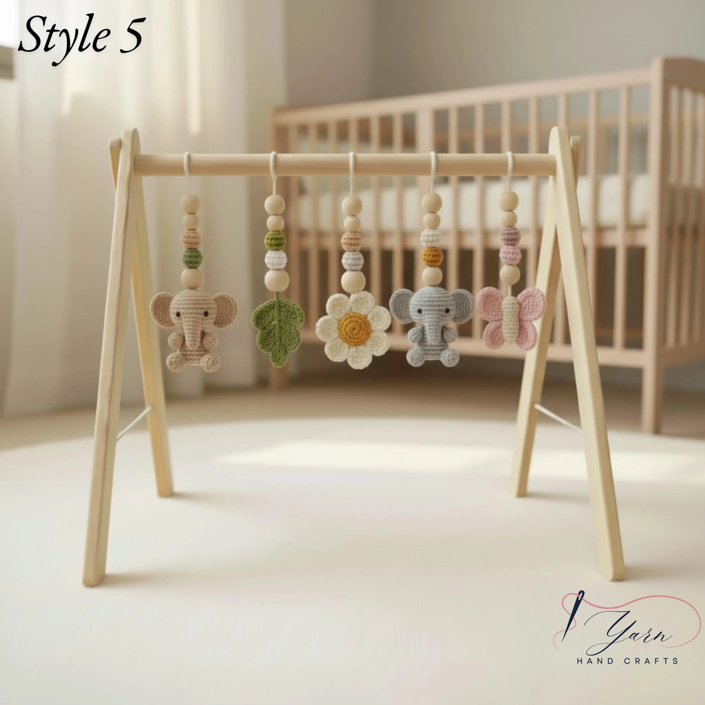 Crochet Baby Play Gym Wooden Montessori Activity Gym, Neutral Nursery Decor, Handmade Amigurumi Animals, Baby Shower Gift, Newborn Gift