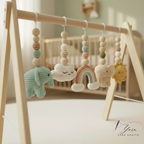 Crochet Baby Play Gym Wooden Montessori Activity Gym, Neutral Nursery Decor, Handmade Amigurumi Animals, Baby Shower Gift, Newborn Gift