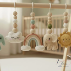 Crochet Baby Play Gym Wooden Montessori Activity Gym, Neutral Nursery Decor, Handmade Amigurumi Animals, Baby Shower Gift, Newborn Gift