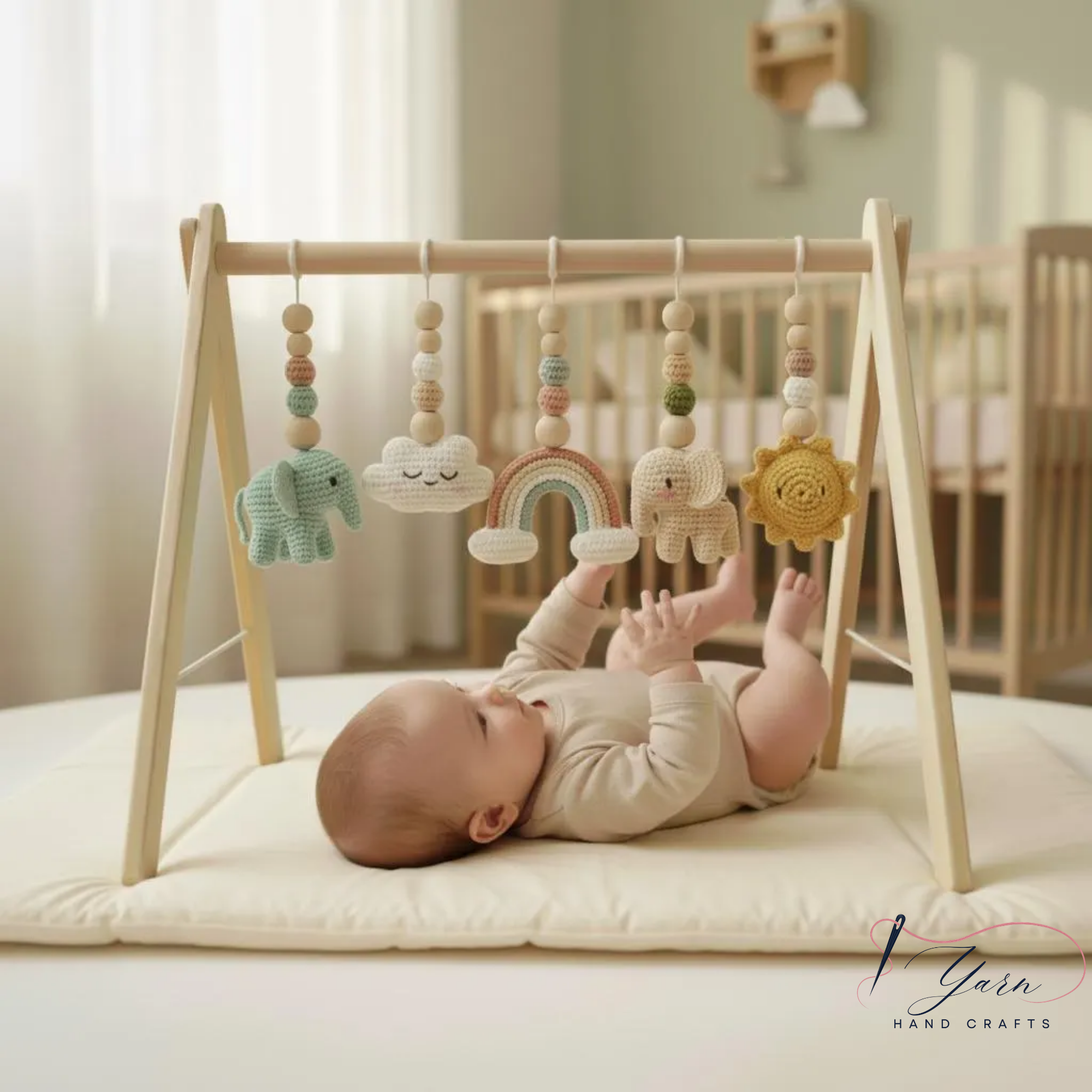 Crochet Baby Play Gym Wooden Montessori Activity Gym, Neutral Nursery Decor, Handmade Amigurumi Animals, Baby Shower Gift, Newborn Gift