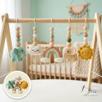 Crochet Baby Play Gym Wooden Montessori Activity Gym, Neutral Nursery Decor, Handmade Amigurumi Animals, Baby Shower Gift, Newborn Gift