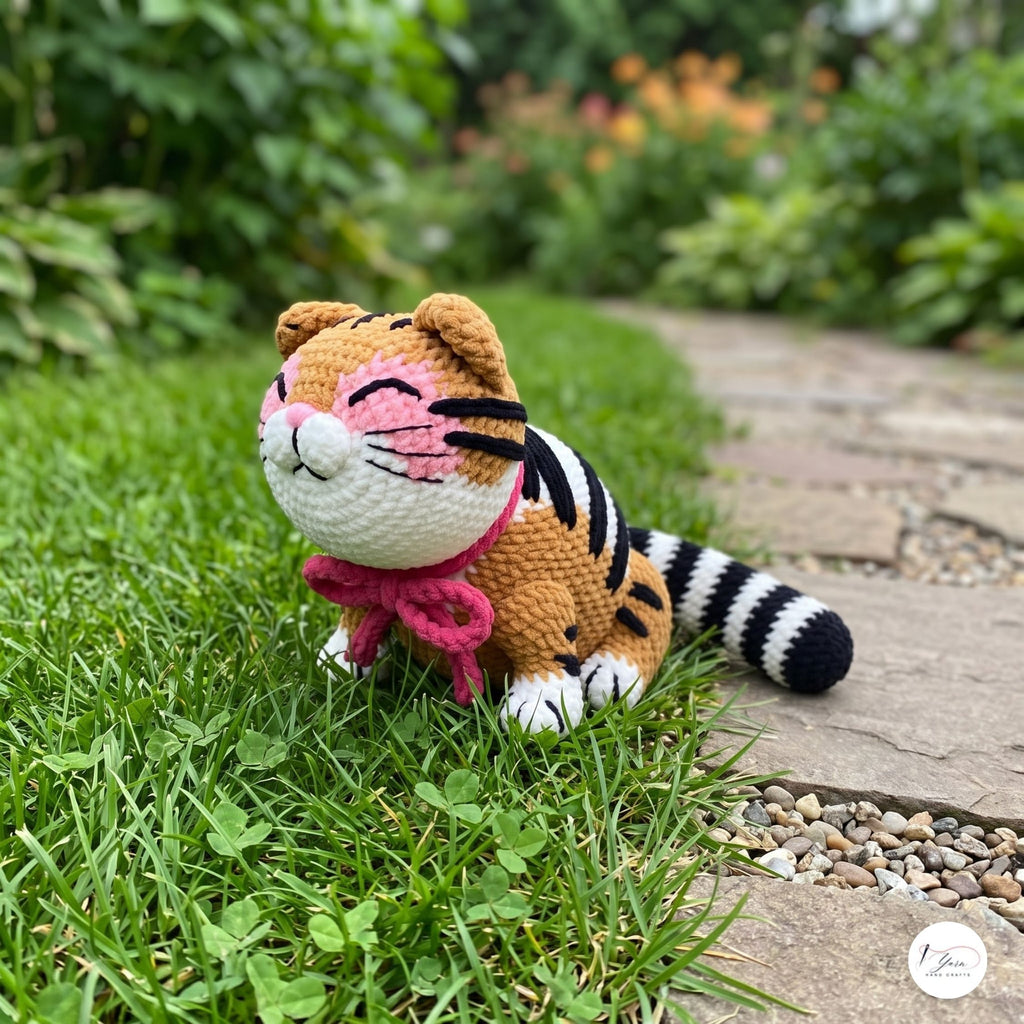A crocheted tiger toy sitting on green grass beside a stone path in a garden setting.