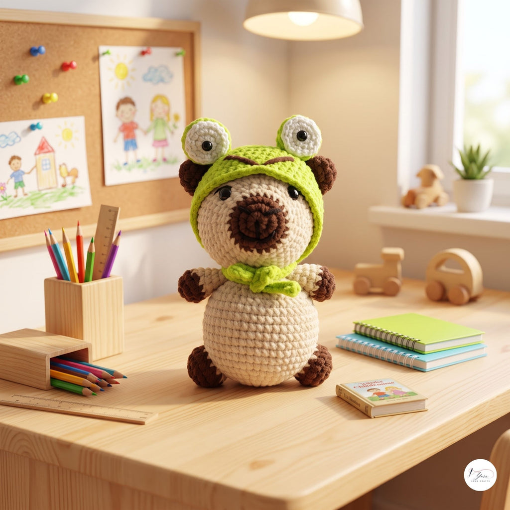 A crocheted plush bear toy wearing a green frog hood sits on a wooden desk in a bright children's room. The scene includes pencils, notebooks, wooden toys, and a corkboard with drawings in the background.