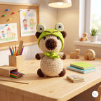 A crocheted plush bear toy wearing a green frog hood sits on a wooden desk in a bright children's room. The scene includes pencils, notebooks, wooden toys, and a corkboard with drawings in the background.
